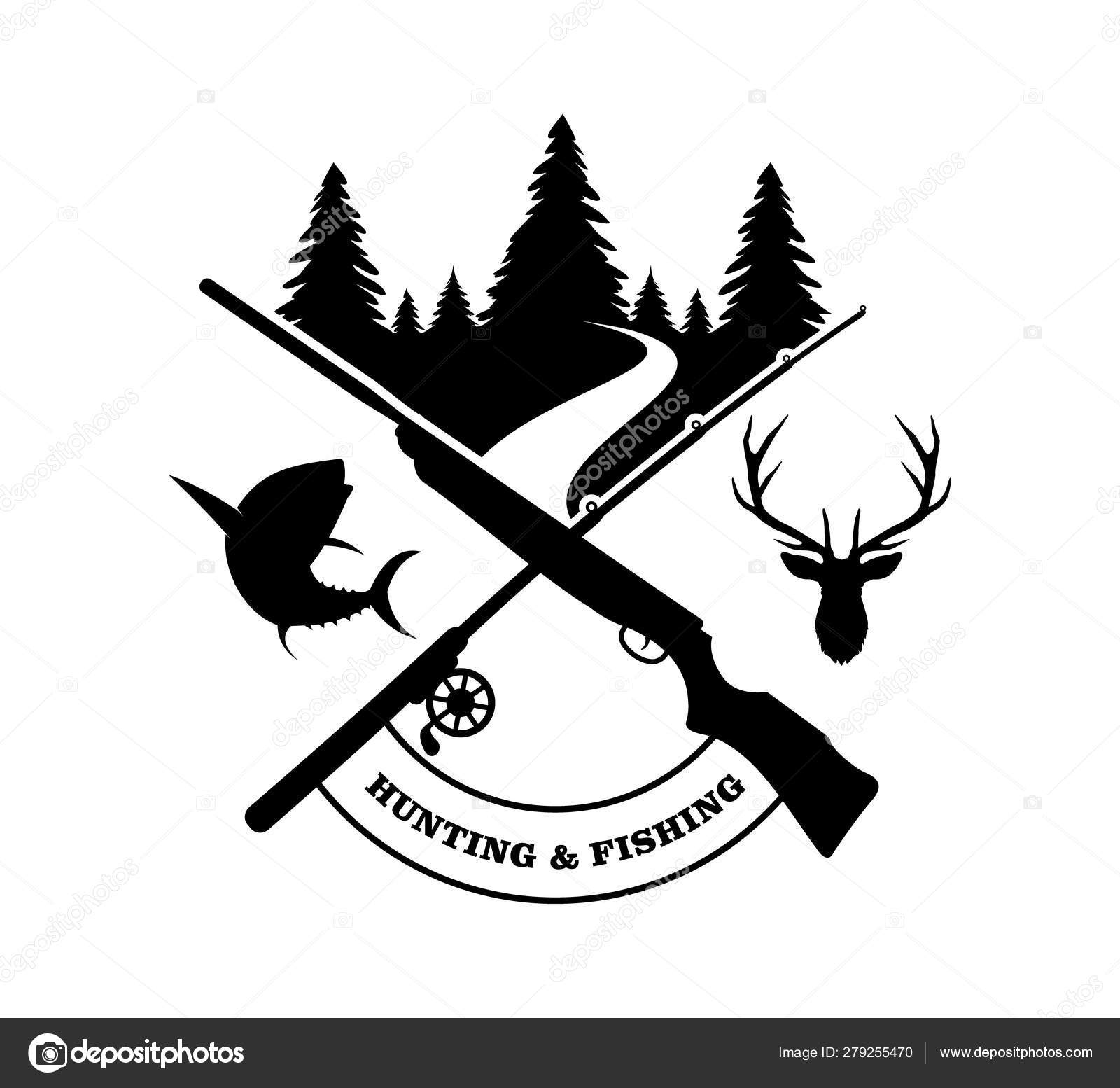 Crossed rifle with fishing rod logo design inspiration template