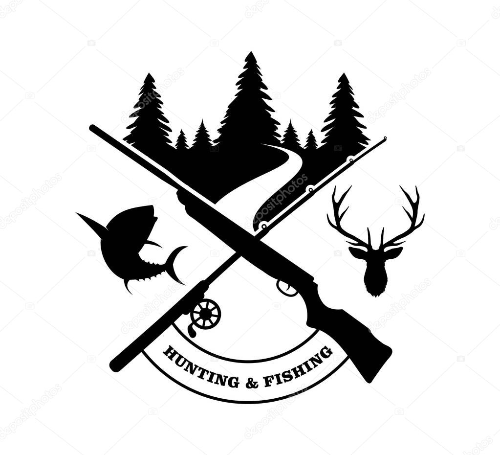 Crossed rifle with fishing rod logo design inspiration template for hunting extreme sport