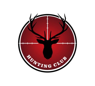 avcılık sporu için hedef logo tasarım ilham olarak geyik baş silueti ile kırmızı tüfek monoküler