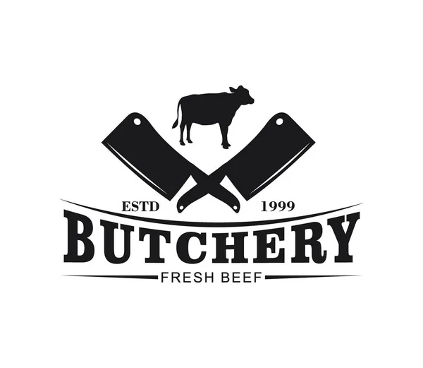 butcher meat shop product logo with crossed cleaver and cow silhouette ...