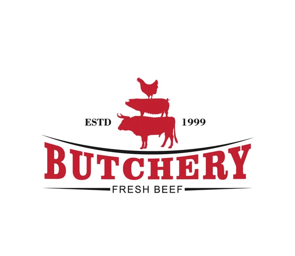 Metzgerei Fleischerei Produkt-Logo mit Kuh, Schwein, Henne Silhouette — Stockvektor