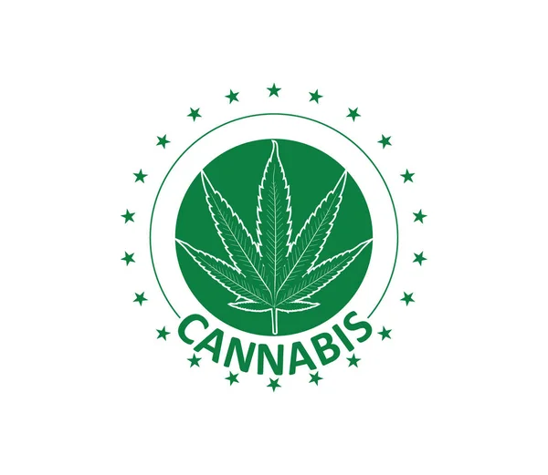 Cannabis cáñamo hoja vector logotipo plantilla con estrellas en círculo — Vector de stock