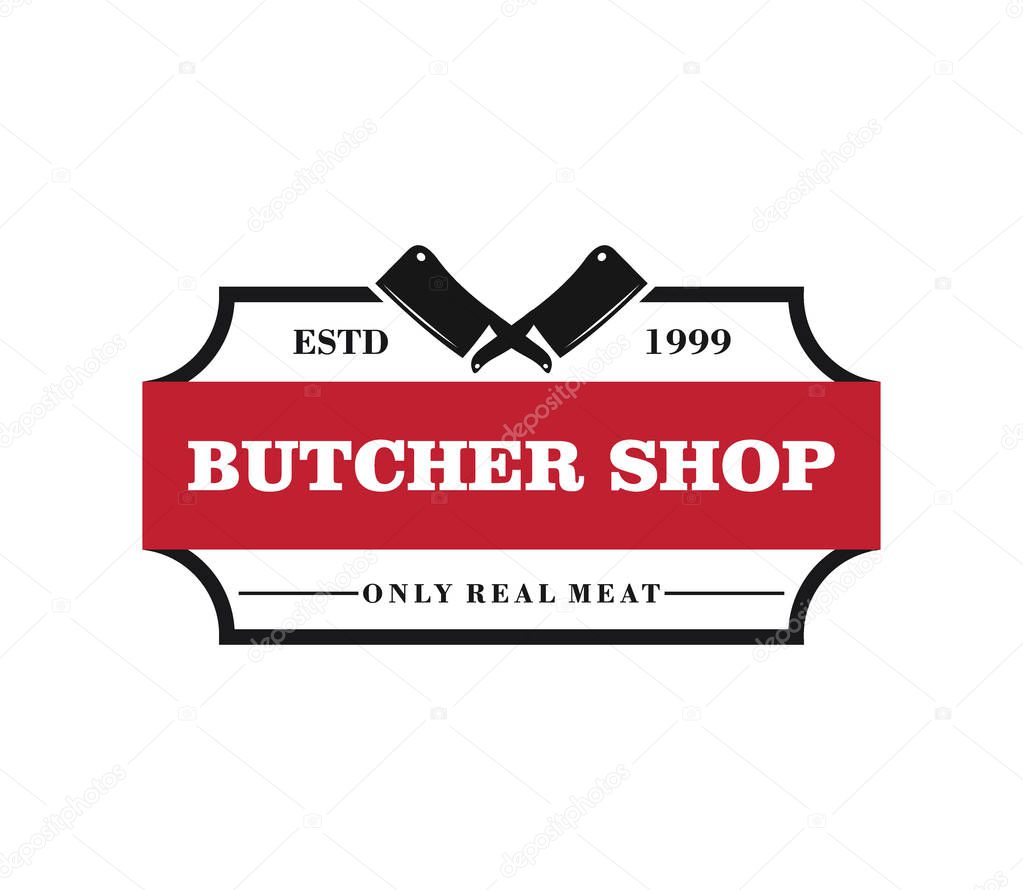 Butcher meat shop product logo template with crossed cleaver silhouette