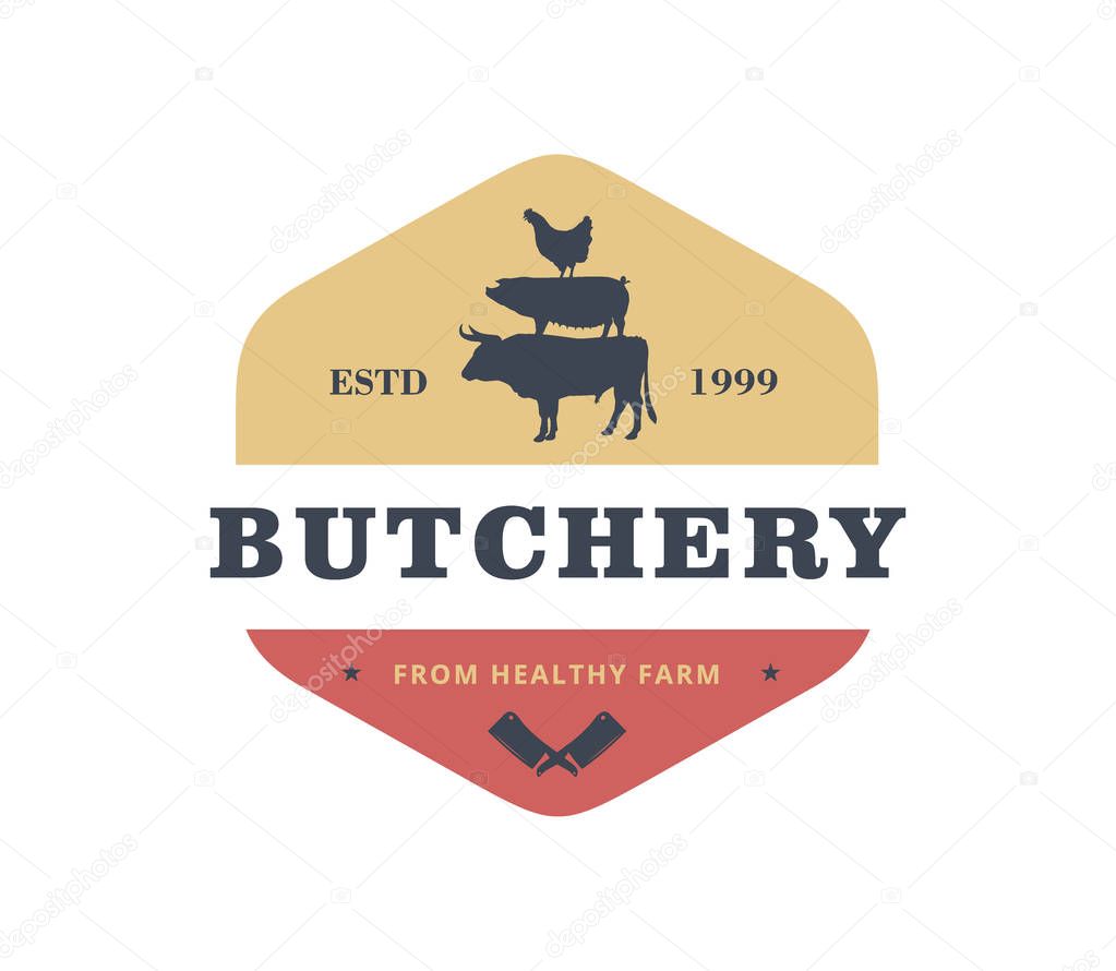 logotipo del producto de la carnicería con cuchilla cruzada, vaca