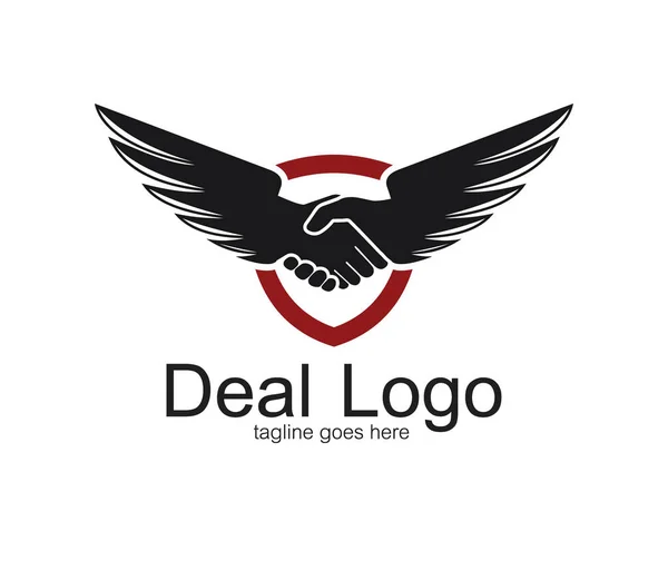 Apretón de manos símbolo de acuerdo y la cooperación vector logotipo diseño con un par de alas — Vector de stock