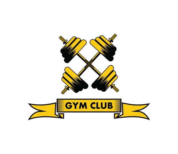 crossed barbell above gym club ribbon banner for gymnastic body building vector logo design