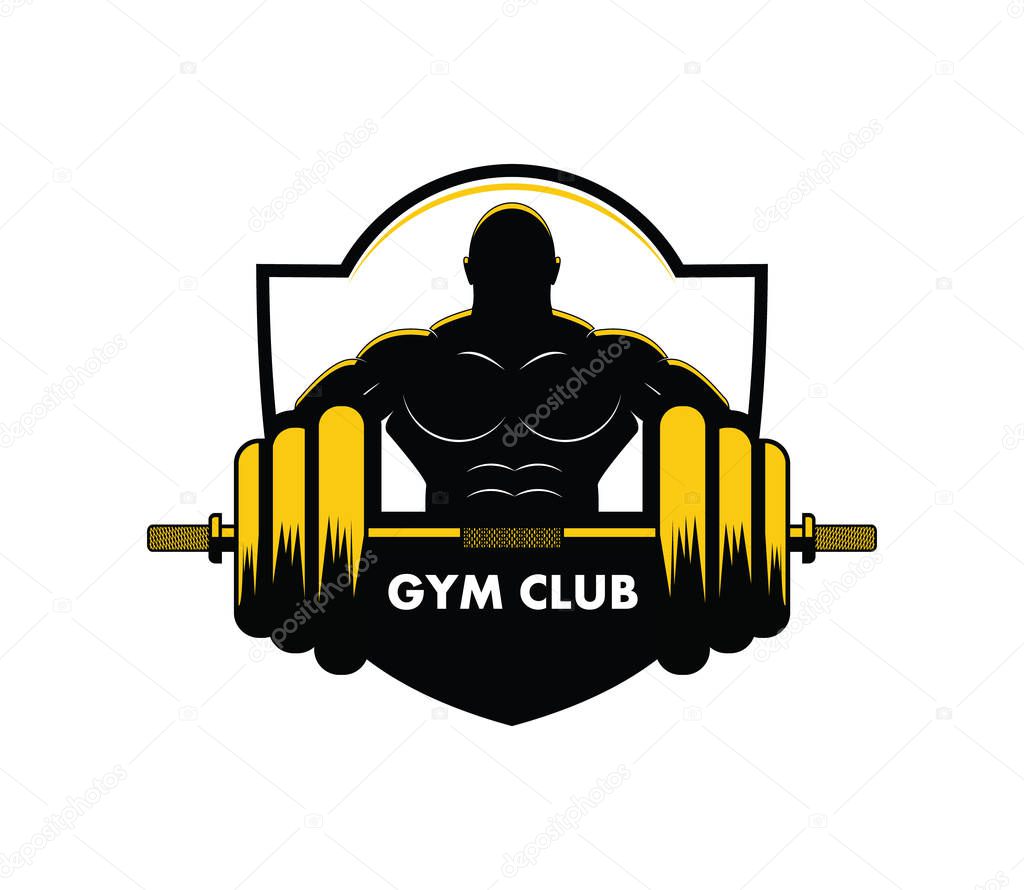 Muscle man body lifting barbell for gymnastic body building vector logo design template