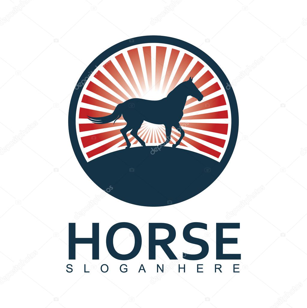 horse sport with sun shine stripes behind inside circle badge vector logo design