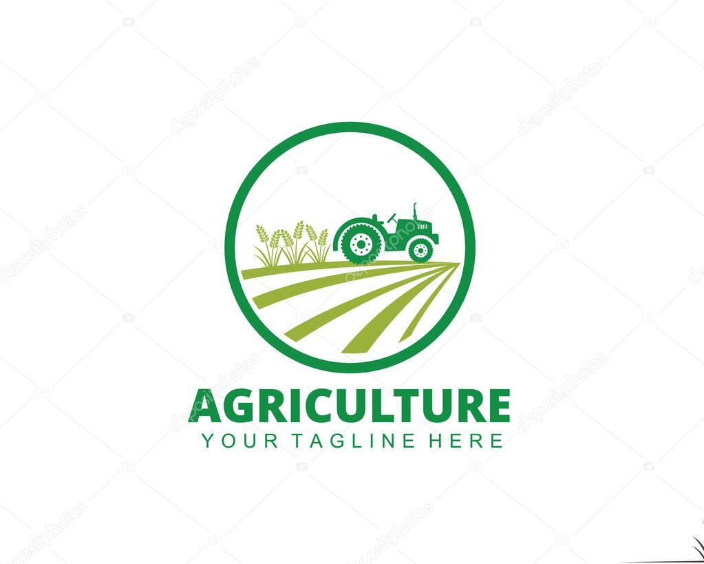 Farm agriculture crop with tractor vector logo design template