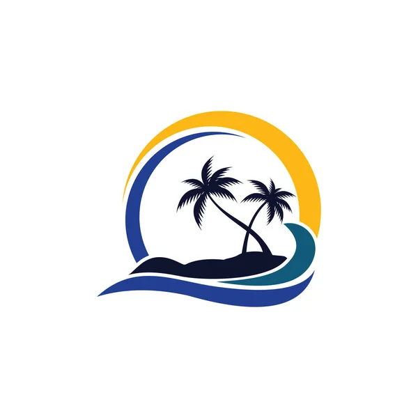 Hindistan cevizi ağacı temalı logo tasarımlı yaz plajı gündoğumu — Stok Vektör