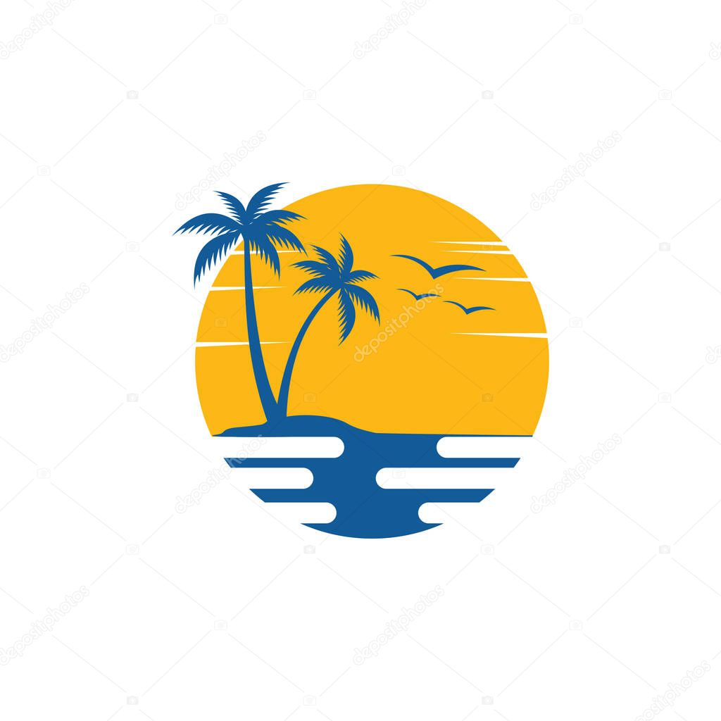 summer beach sunrise with coconut tree theme vector logo design