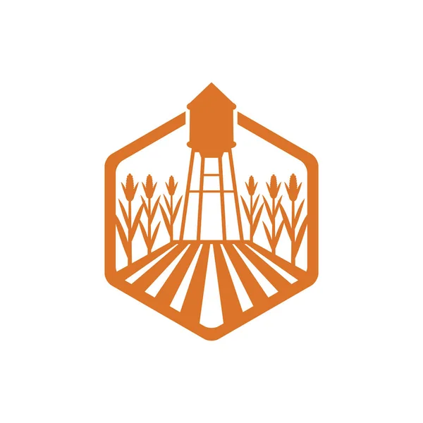 Jordbruk majs fält gård industri vektor logotyp design med vattentorn i mitten av fältet — Stock vektor