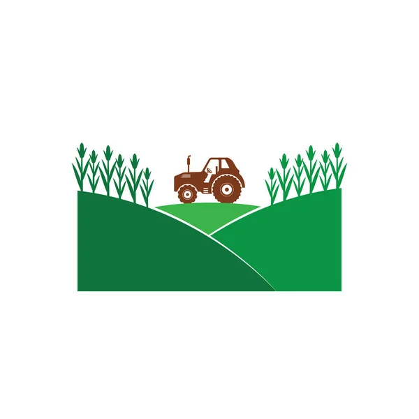 agriculture corn field farm industry vector logo design with tractor in the middle of the hill