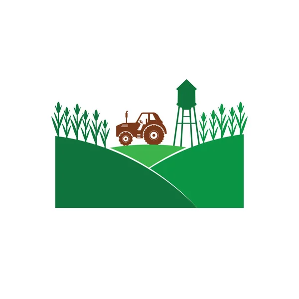 Zemědělství kukuřice pole zemědělský průmysl vektorové logo design s traktorem a vodárenské věže uprostřed kopce — Stockový vektor