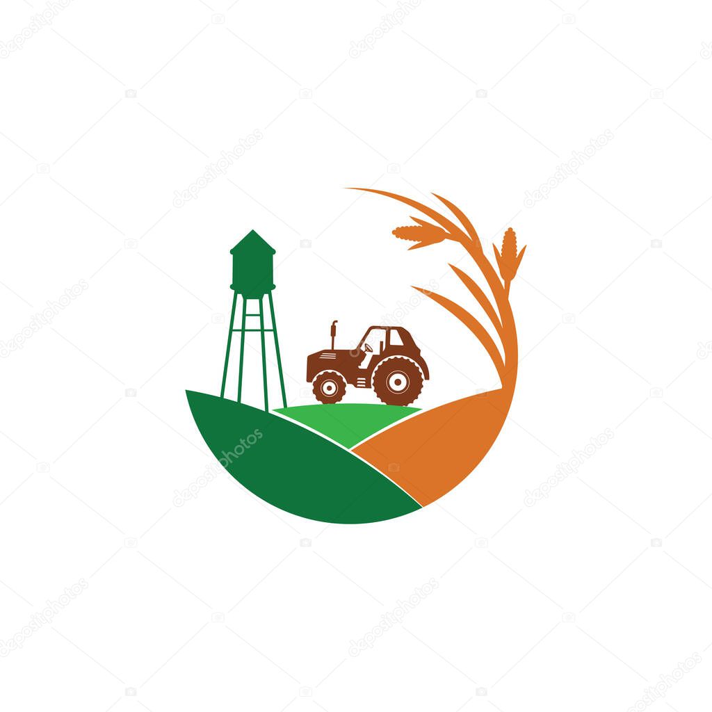 agriculture corn field farm industry vector logo design with tractor and water tower in the middle of the hill