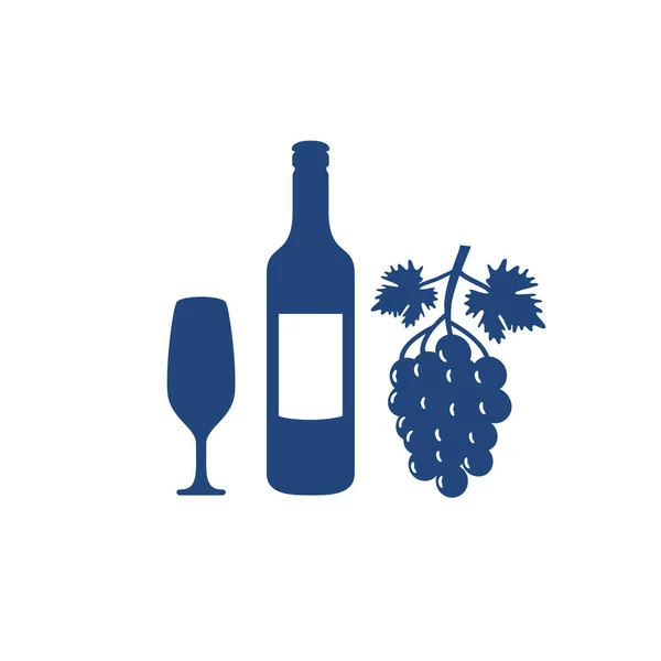 Üzüm meyvesi logosu tasarımlı şişe ve şarap kadehi. — Stok Vektör