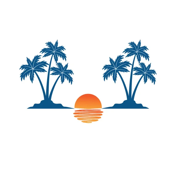 Piękny zachód słońca między dwoma wyspami drzew kokosowych z cieniem na morzu lato plaża motyw wektor projekt logo — Wektor stockowy