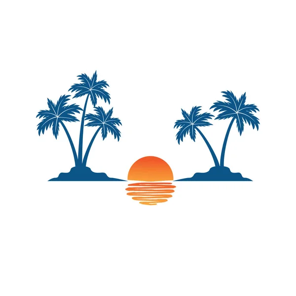 Piękny zachód słońca między dwoma wyspami drzew kokosowych z cieniem na morzu lato plaża motyw wektor projekt logo — Wektor stockowy