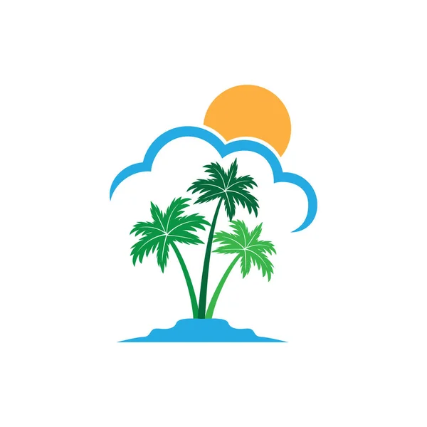 여름 테마 벡터 로고 디자인 뒤에 태양이 떠 있는 녹색 코코넛 섬 — 스톡 벡터