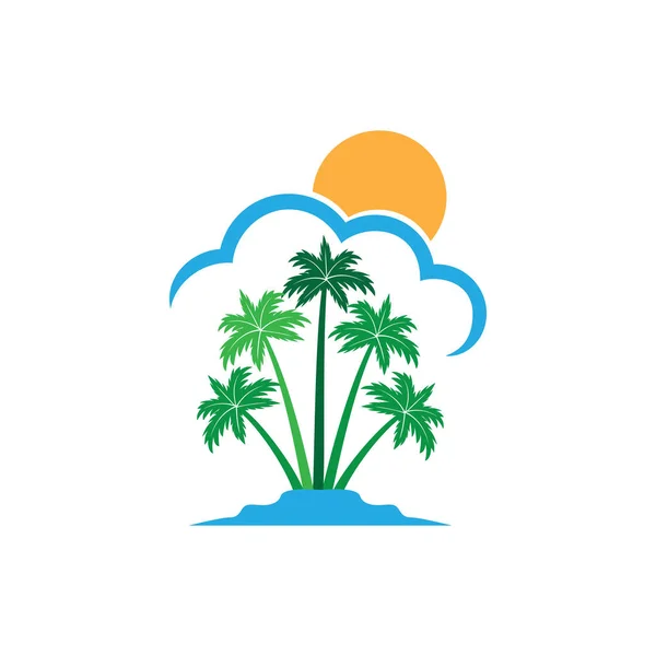 여름 테마 벡터 로고 디자인 뒤에 태양이 떠 있는 녹색 코코넛 섬 — 스톡 벡터