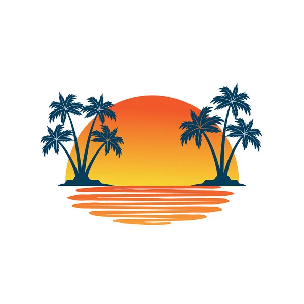 Deniz vektörü logosu üzerinde gölgesi olan iki hindistan cevizi ağacı adası arasında turuncu sarı gün batımı — Stok Vektör