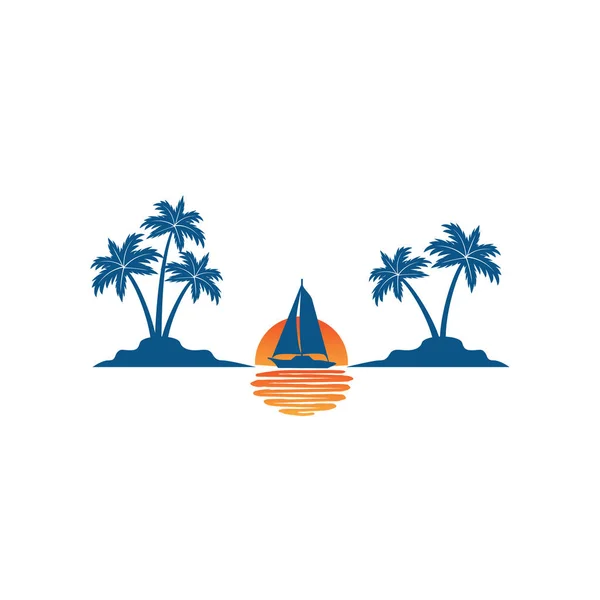 Segelboot am Horizont von Sonne und Ozean zwischen zwei Kokospalmen Insel Sommer Thema Vektor Logo Design — Stockvektor