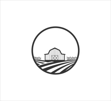 Çiftçilik alanı vektör logosunun ortasındaki ahır çiftlik evi tarım için şablon tasarımı
