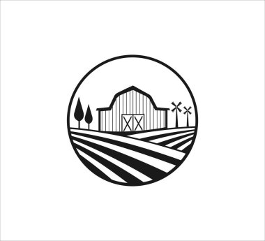 Çiftçilik alanı vektör logosunun ortasındaki ahır çiftlik evi tarım için şablon tasarımı