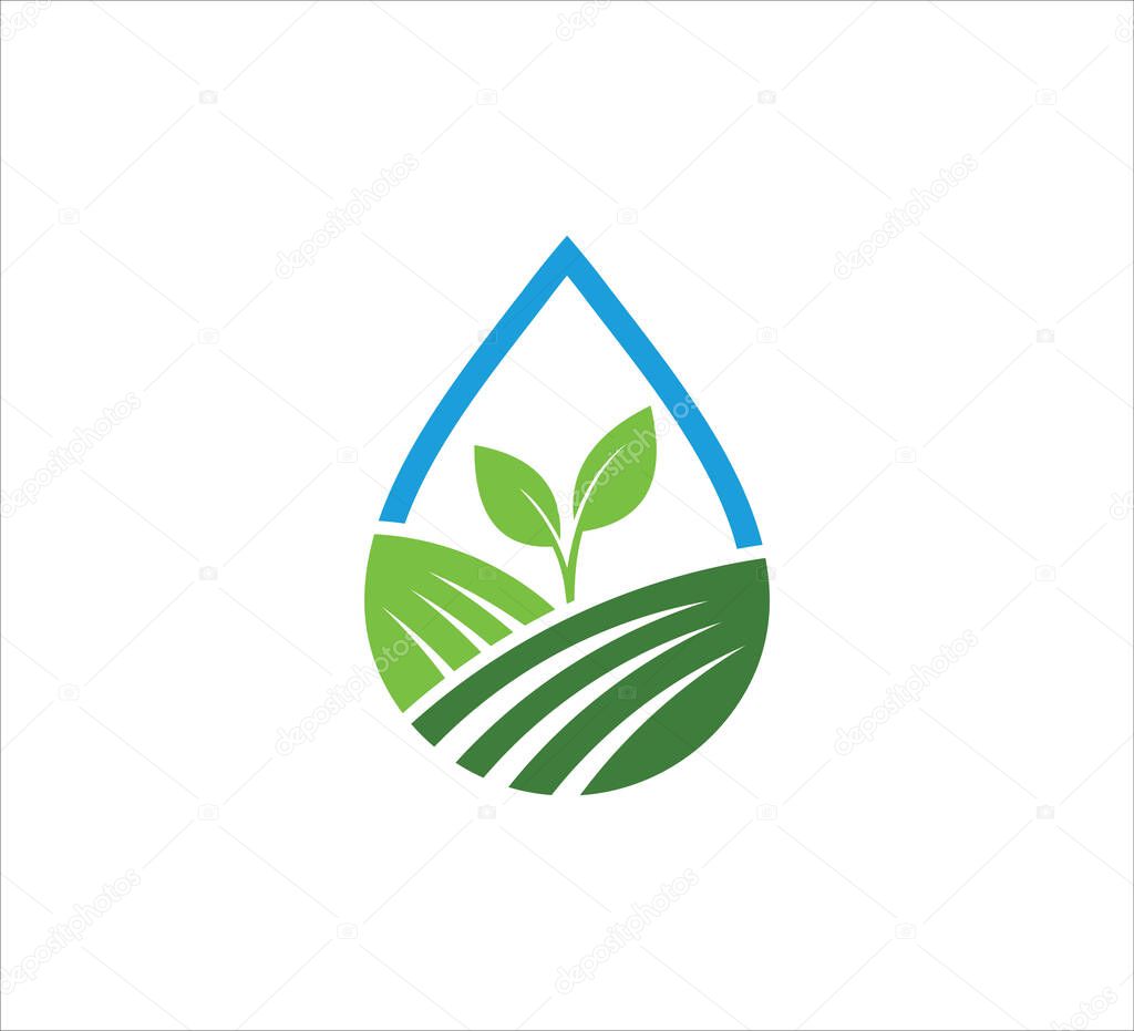 Sprout leaf inside an abstract water drop shape vector icon logo design template for agriculture, food crop, hydroponic nursery and farm business