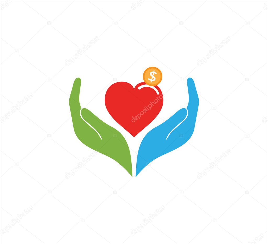 giving present hand gesture with hear and coin vector icon logo design template for charity, donation, fundraising humanity event dan non profit company