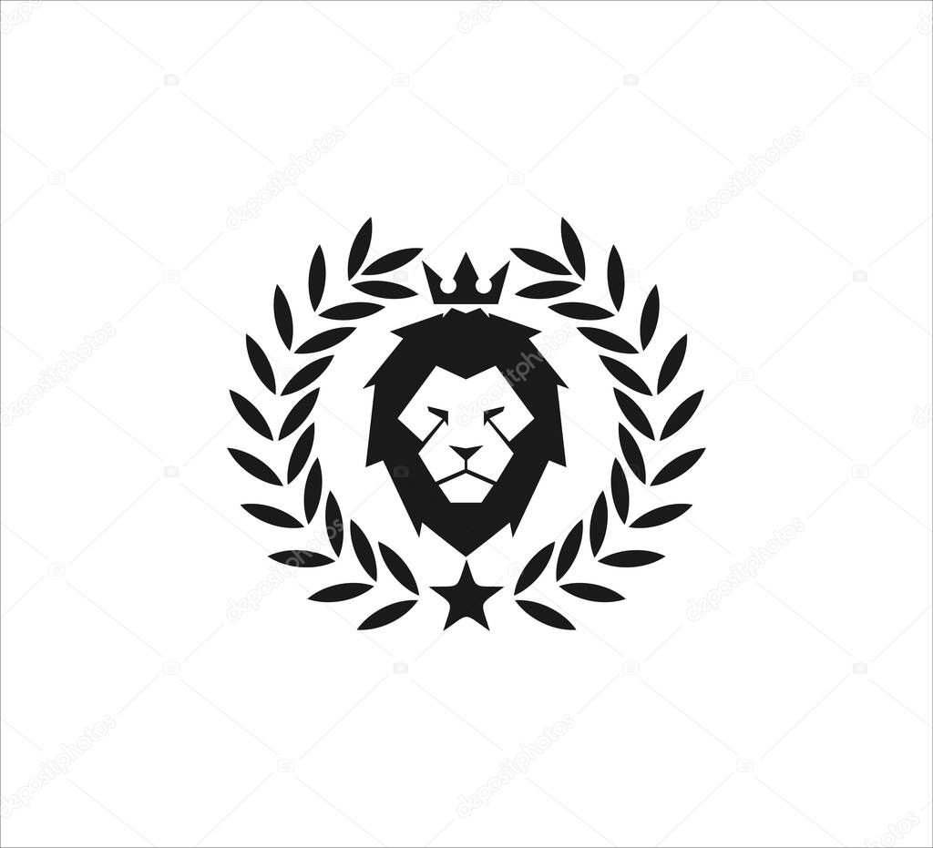 Majestic lion head wearing crown inside wheat ear vector icon logo design template symbol of luxury, strength, royal kingdom and dominance