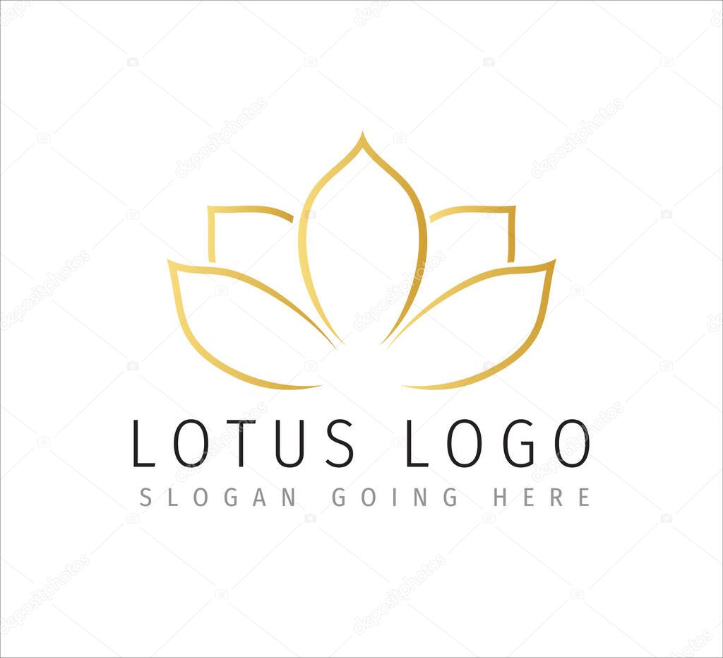 Golden lotus petal flower outline style vector icon logo design template for yoga and beauty care treatment business