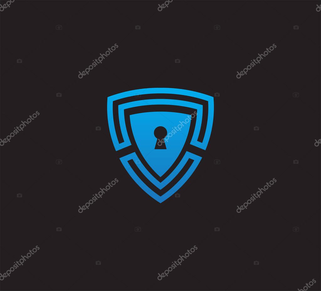 Blue triangle shield with key hole vector icon logo design template for security application, software protection and privacy guard