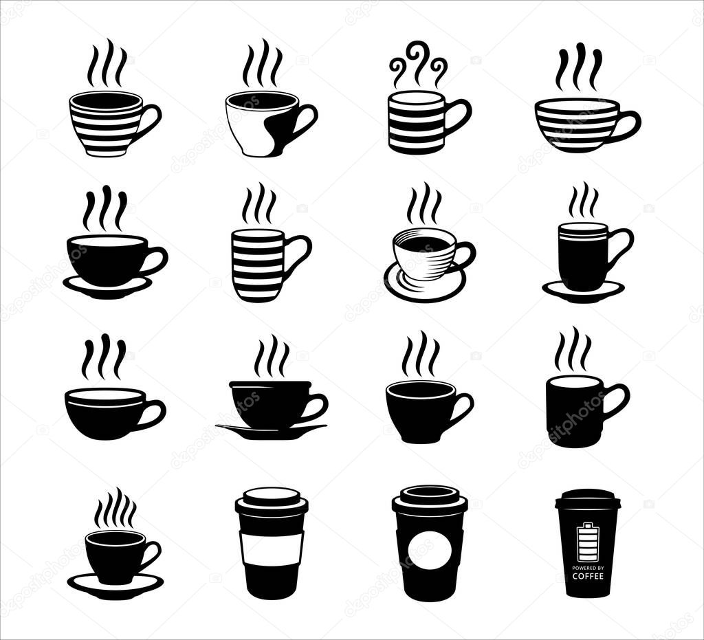 Simple flat coffee cup, mug, and paper cup vector icon logo symbol design set template for coffee shop store