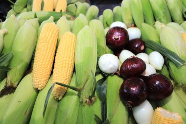 Çiğ mısır, beyaz ve kırmızı soğanlı renkli kompozisyon. 