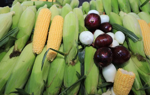 Çiğ mısır, beyaz ve kırmızı soğanlı renkli kompozisyon. 