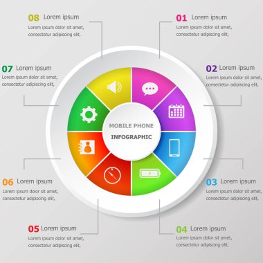 Infographic tasarım şablonu ile cep telefonu kutsal kişilerin resmi, hisse senedi vektör