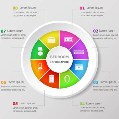 Infographic tasarım şablonu ile yatak odası kutsal kişilerin resmi, hisse senedi vektör