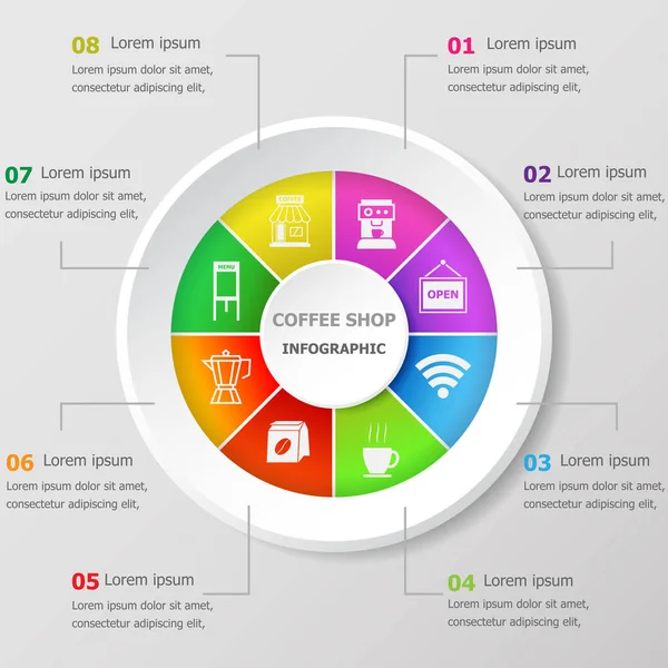 Infographic tasarım şablonu ile kahve dükkanı kutsal kişilerin resmi, hisse senedi vektör
