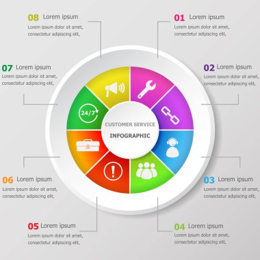Infographic tasarım şablonu ile müşteri hizmeti simgelerini, hisse senedi vektör