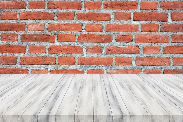 White Wooden Table Top Brick Wall Product Display — Stock Photo, Image