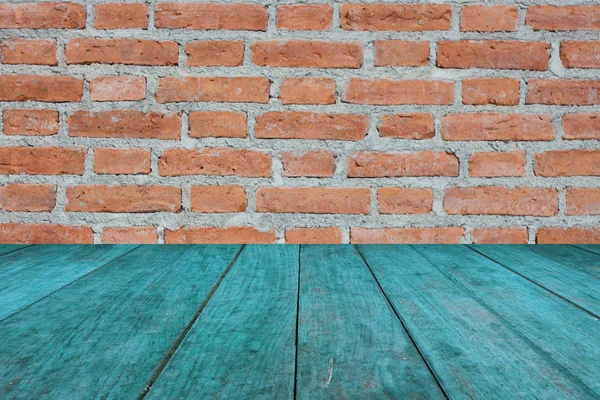 Perspective blue wooden on brick wall — Stock Photo, Image