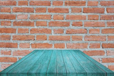 Perspective blue top wooden on brick wall, stock photo clipart