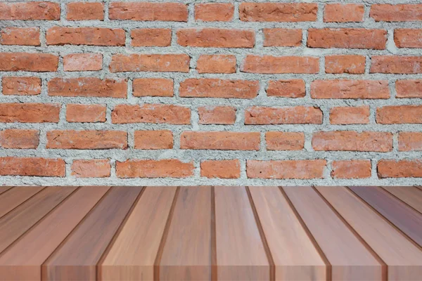 Mesa Madera Marrón Pared Ladrillo Para Exhibición Del Producto — Foto de Stock