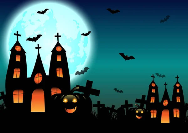 Fundo Halloween Com Casa Assombrada Abóbora Lua Cheia Modelo Para —  Vetores de Stock