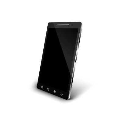 Beyaz arkaplanda gölgesi olan perspektif görünümlü akıllı telefon