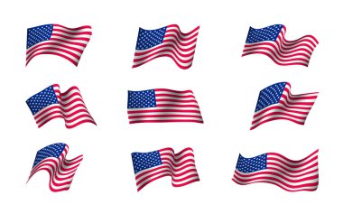 Bizden rüzgarda sallayarak bayrakları ayarlayın. Bayrak günü, Amerika Birleşik Devletleri arka plan tasarımı. Afiş, poster ve baskı için yaratıcı kavram. Vektör çizim