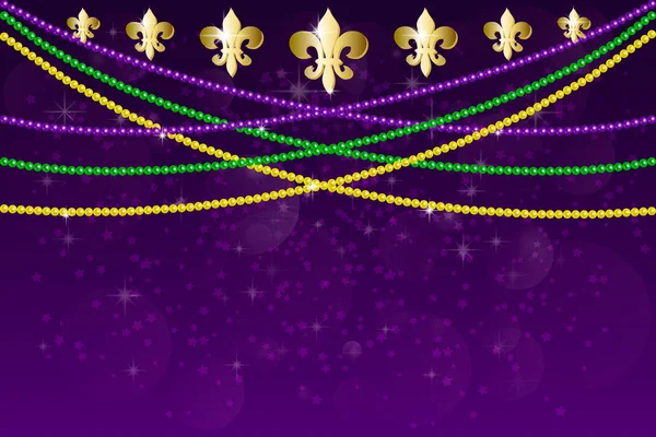 Yatay güzel sarı, yeşil, mor boncuklar ışık yanıp söner bir karanlık gece zemin üzerine desen. Mardi Gras partisi. Venedik Karnavalı mardi gras parti. Karnaval sembolü ile vektör tasarımı 