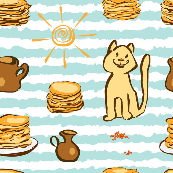 Seamless pattern with traditional carnival symbols - pancakes, caviar, sun, cat. Vector illustration