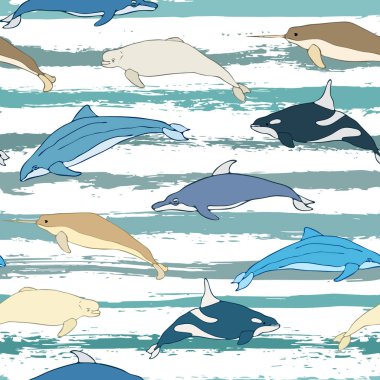 Çizgi film balinaların seamless modeli. Balinalar tür grunge çizgili arka plan üzerinde ayarlayın. Vektör çizim